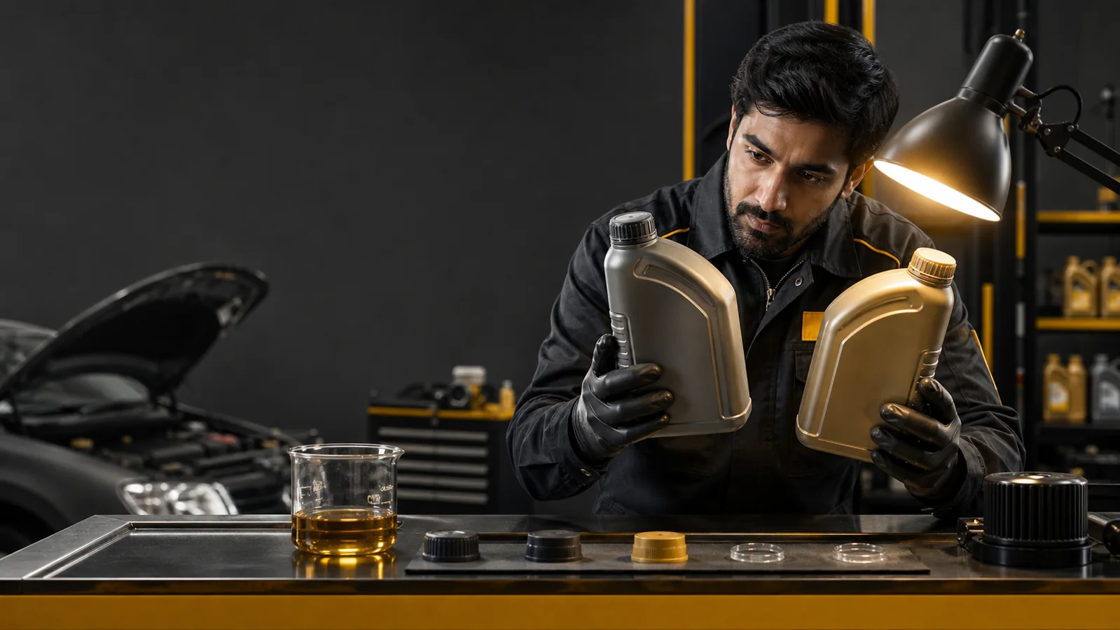Automotive technician checking engine oil container seals and packaging