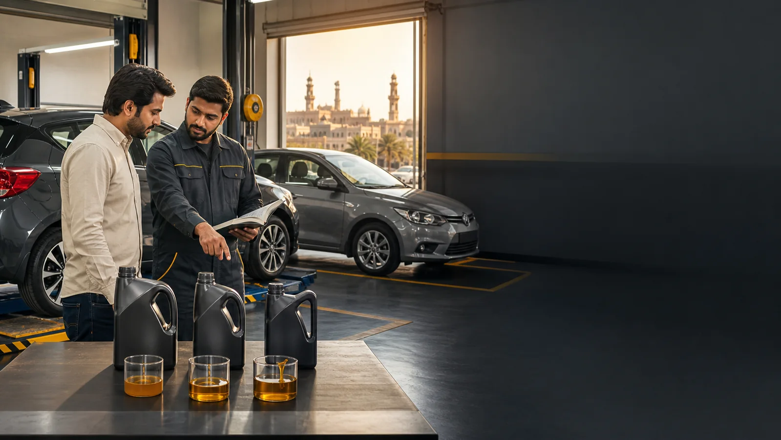 Technician using a vehicle manual to choose the correct engine oil viscosity