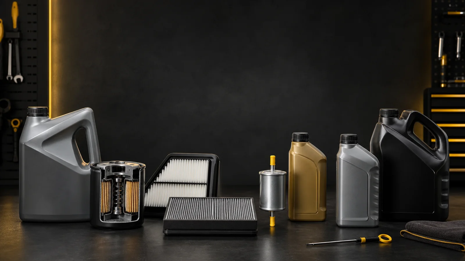 Car maintenance fluids and filters arranged on a professional workshop bench