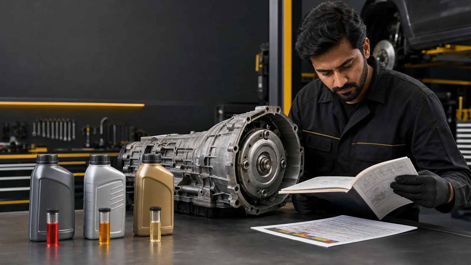 Technician comparing transmission fluids beside an automatic transmission assembly
