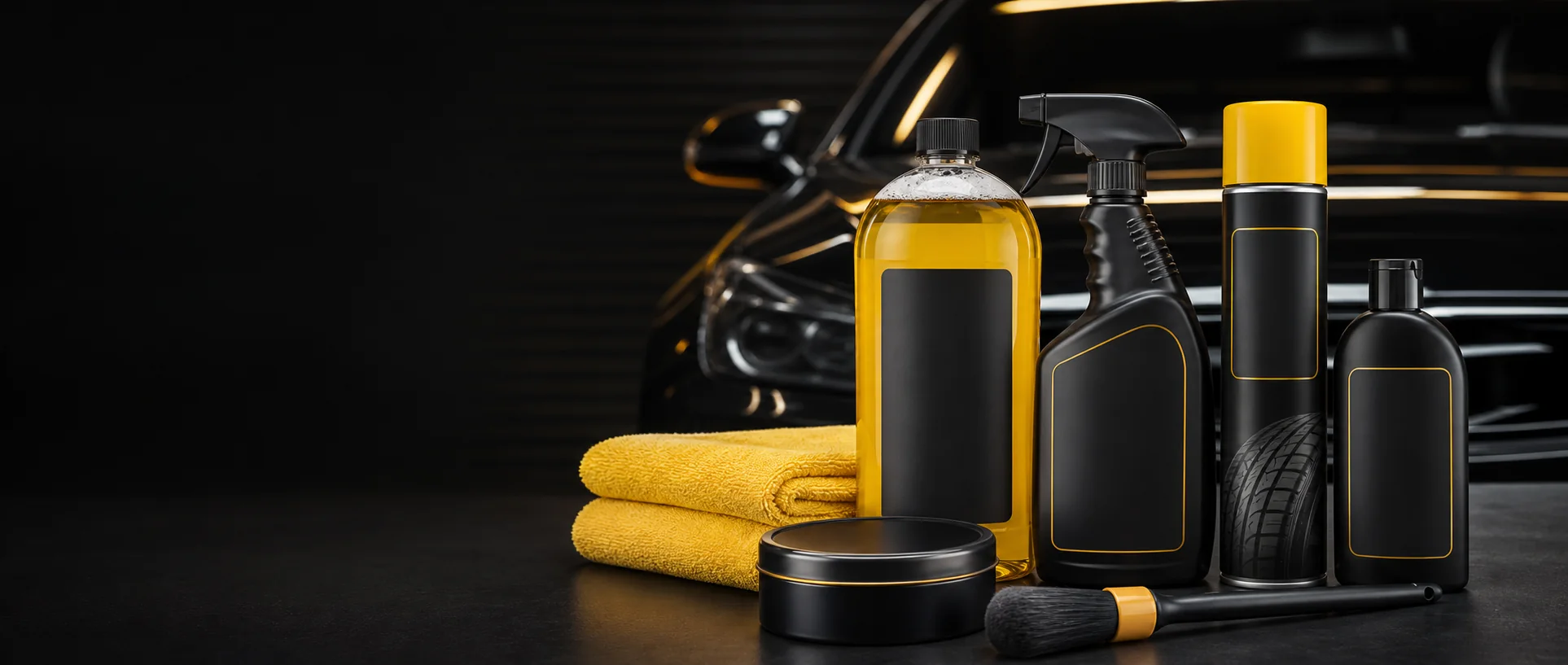 Car shampoo, wax, spray cleaner and microfiber cloths