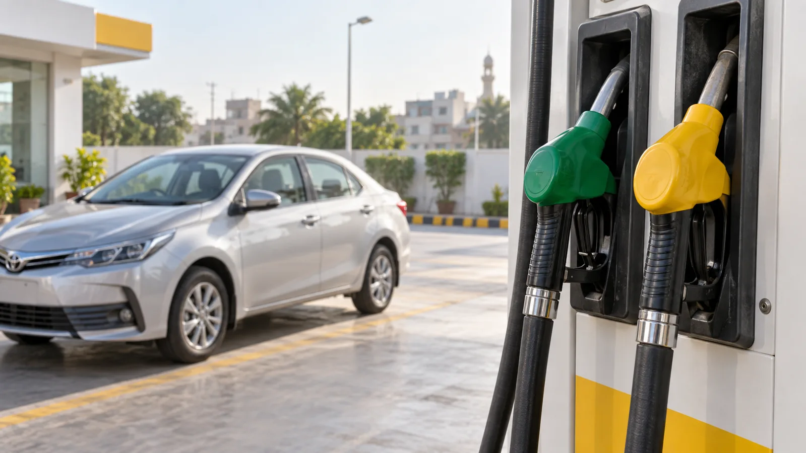 Green and yellow fuel nozzles beside a parked silver sedan; illustrative scene