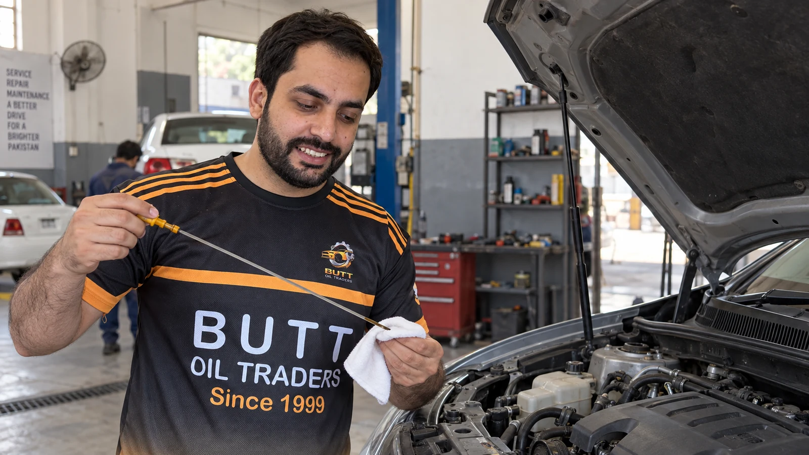 Faizan from Butt Oil Traders checking engine oil with a dipstick in a Lahore workshop
