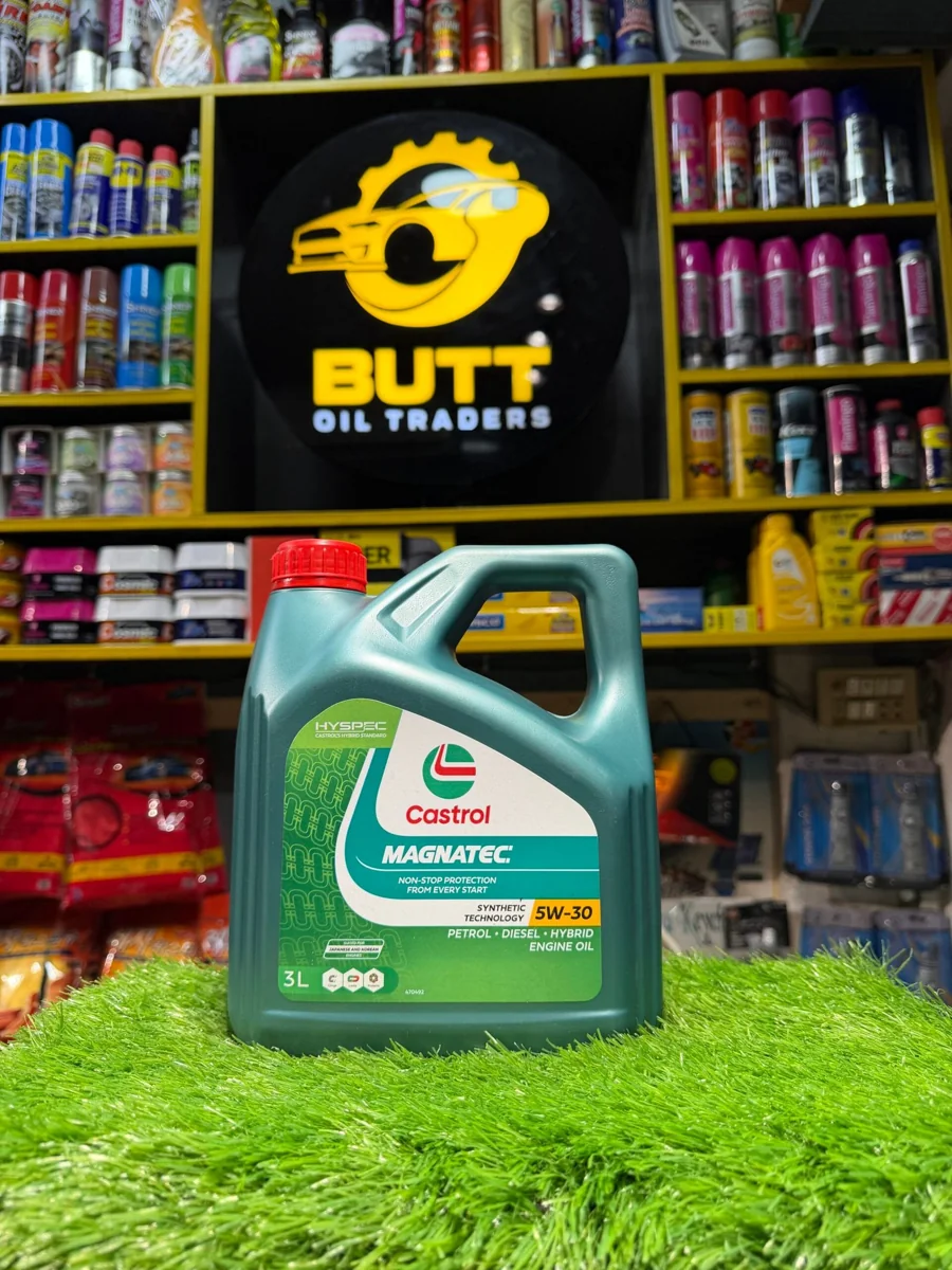 Sealed Castrol Magnatec 5W-30 3L engine oil pack photographed at Butt Oil Traders